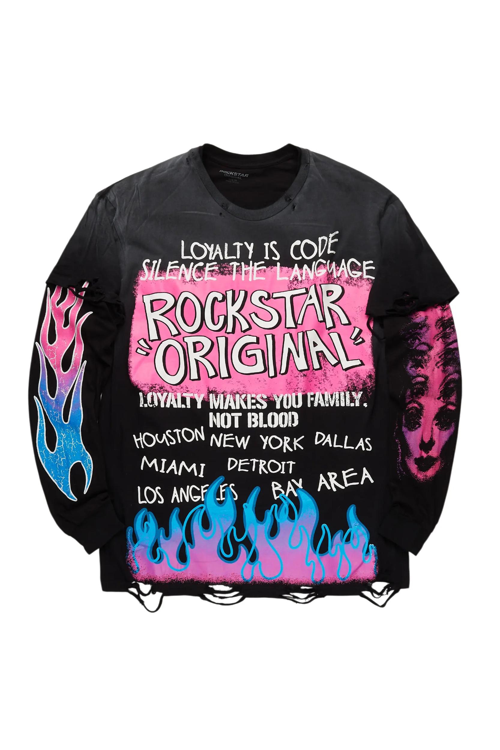 Beno Black Double Layer Long Sleeve Graphic T-Shirt Male Product Image