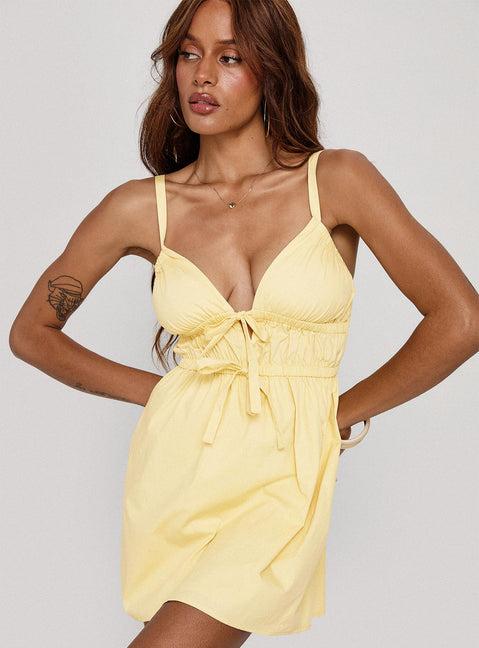 Viviette Ruched Mini Dress Lemon Product Image