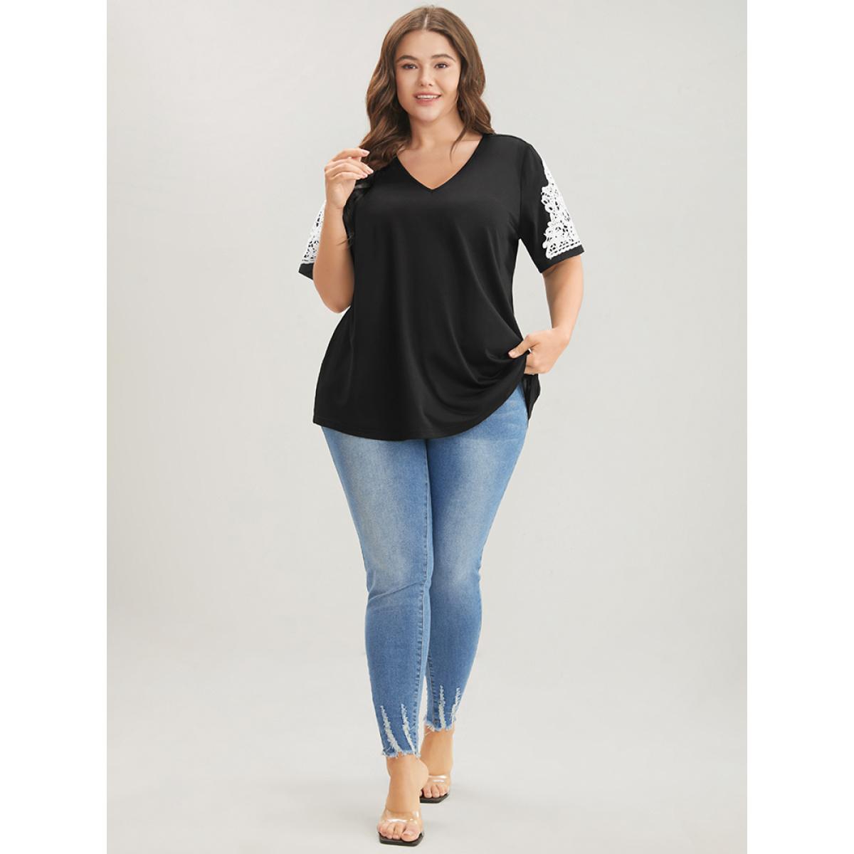 Plus Size Plain Contrast Lace V Neck T-shirt Black Women Elegant Lace Plain V-neck Dailywear T-shirts BloomChic 30/6X Product Image