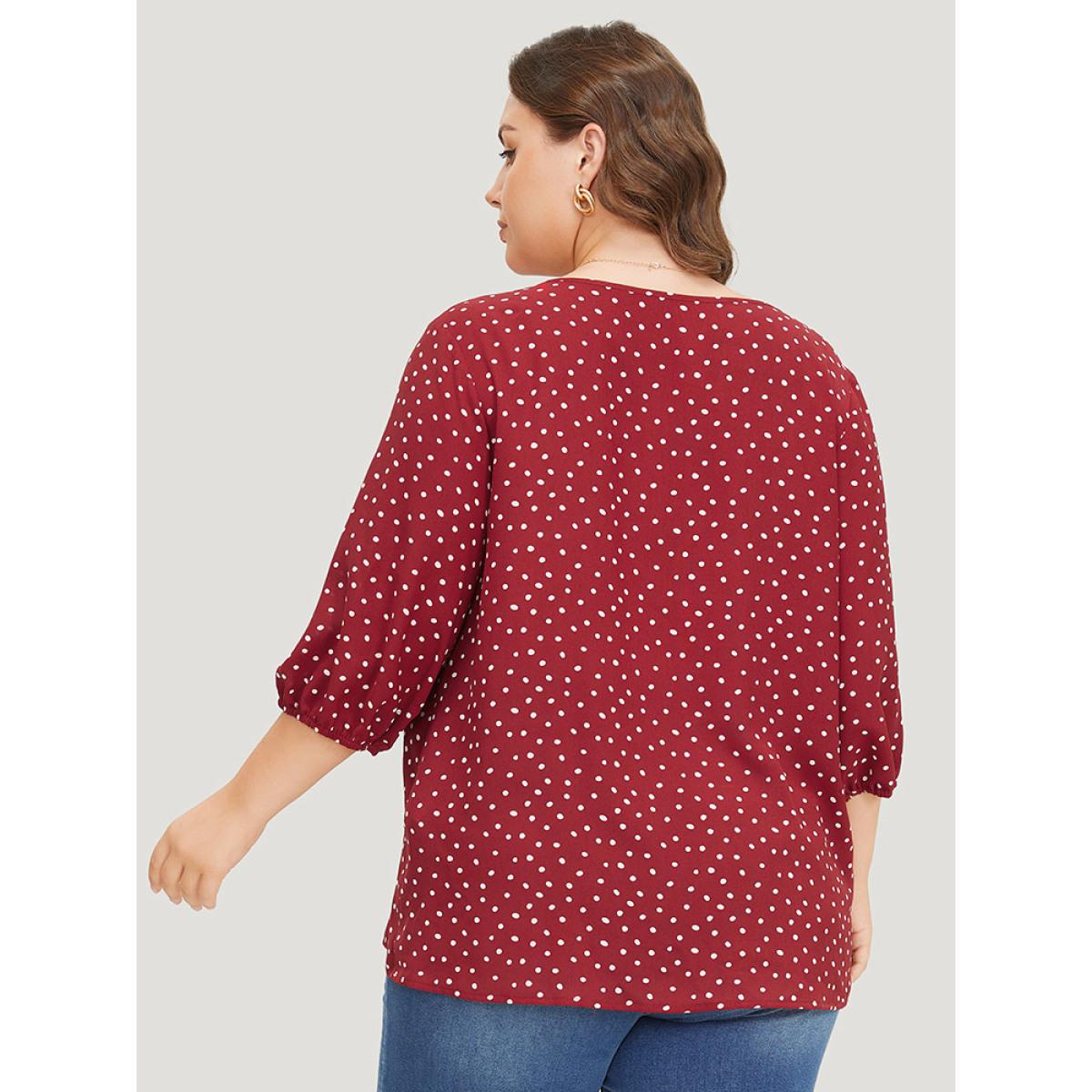 Plus Size Scarlet Polka Dot Notched Plicated Detail Lantern Sleeve Blouse Women Elegant Elbow-length sleeve Notched collar Dailywear Blouses BloomChic 22-24/3X Product Image