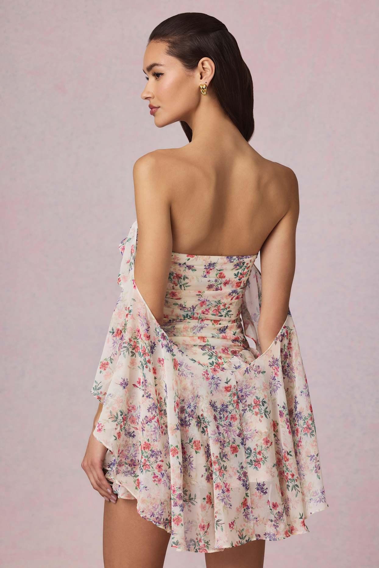 Off-Shoulder Ruffled Mini Dress in Primrose Floral Print Product Image