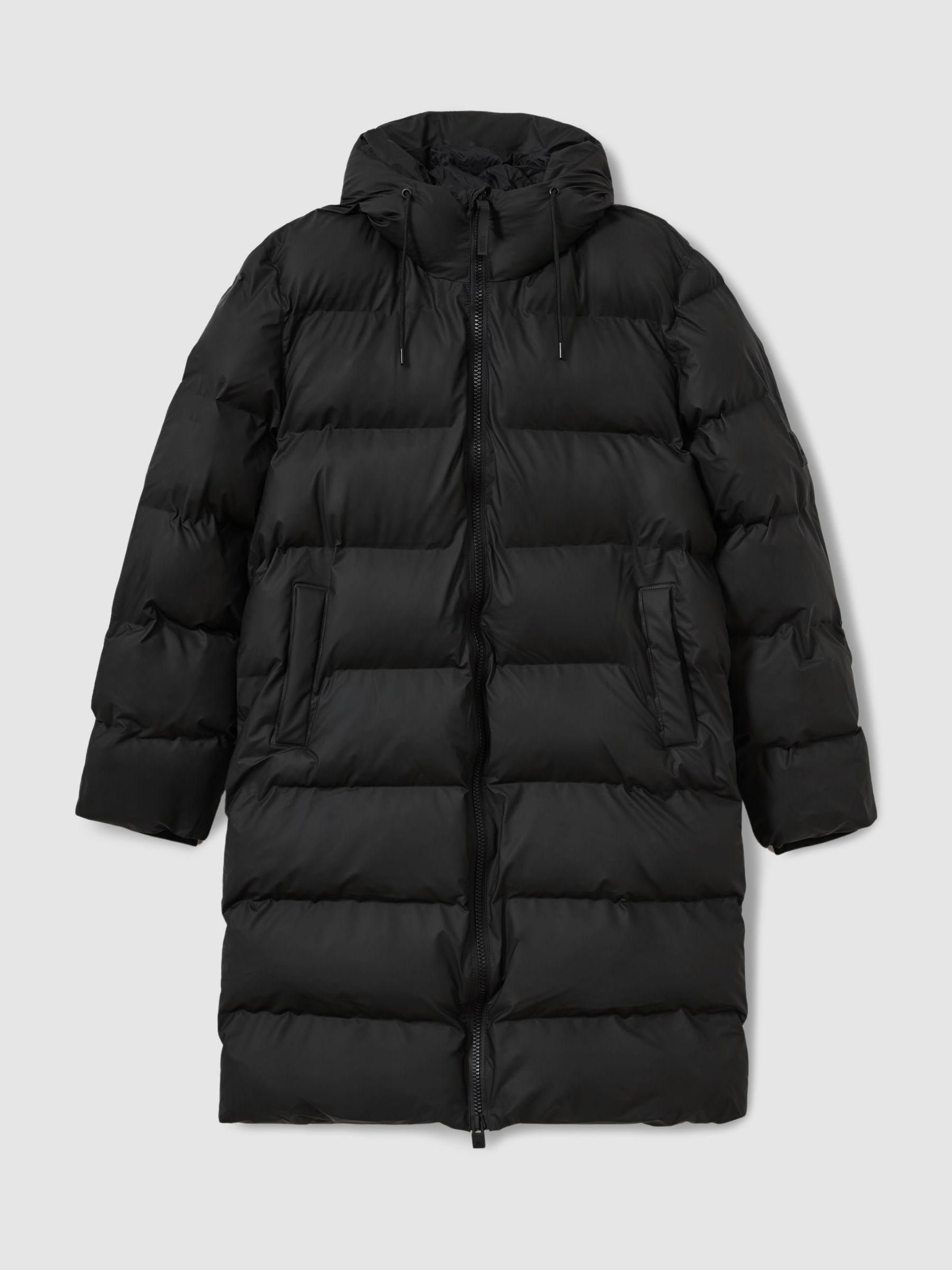 Rains Long Hooded Puffer Jacket in Black Product Image