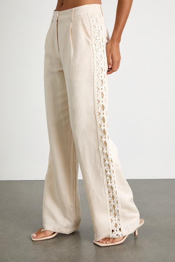 Vannah Ivory Linen Crochet Lace Wide-Leg Pants Product Image