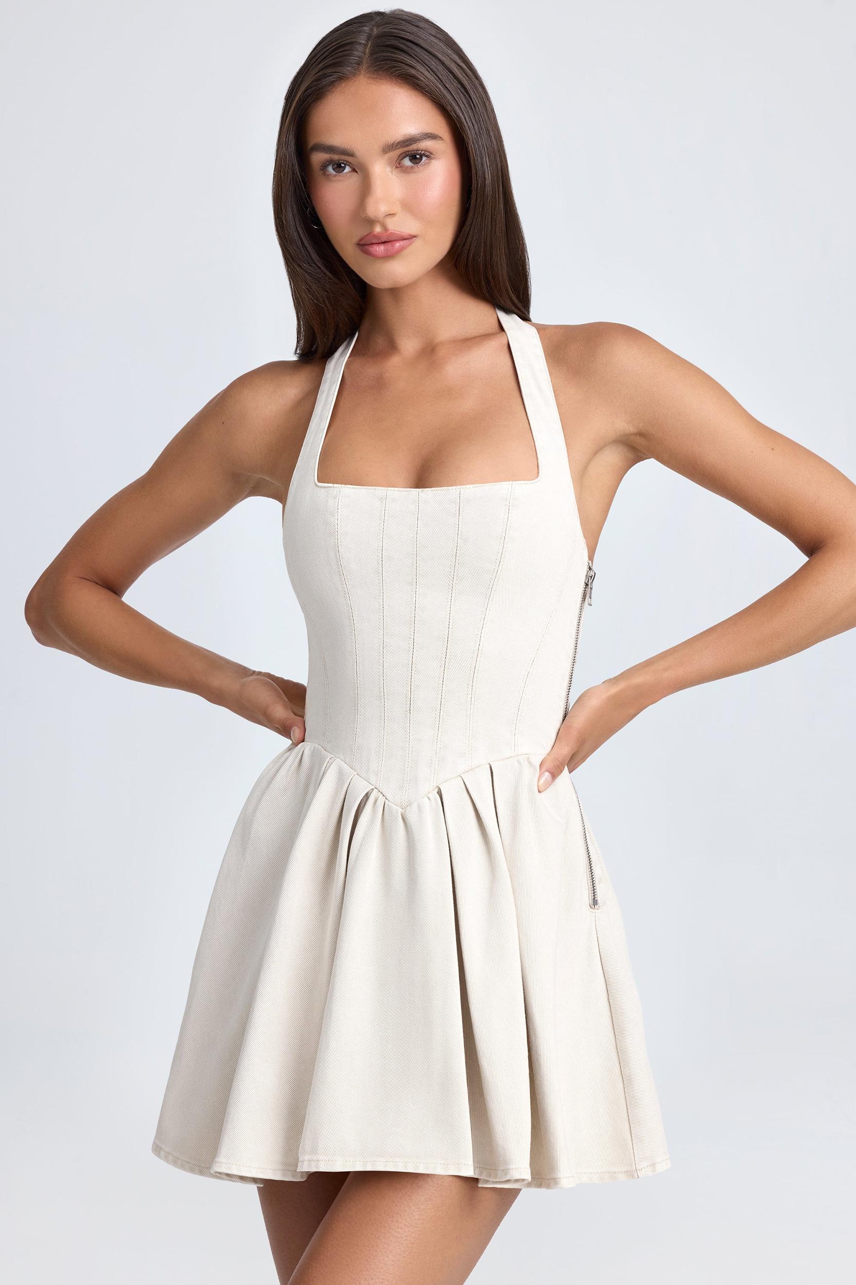 Halterneck Corset Micro Mini Dress in Ecru Product Image
