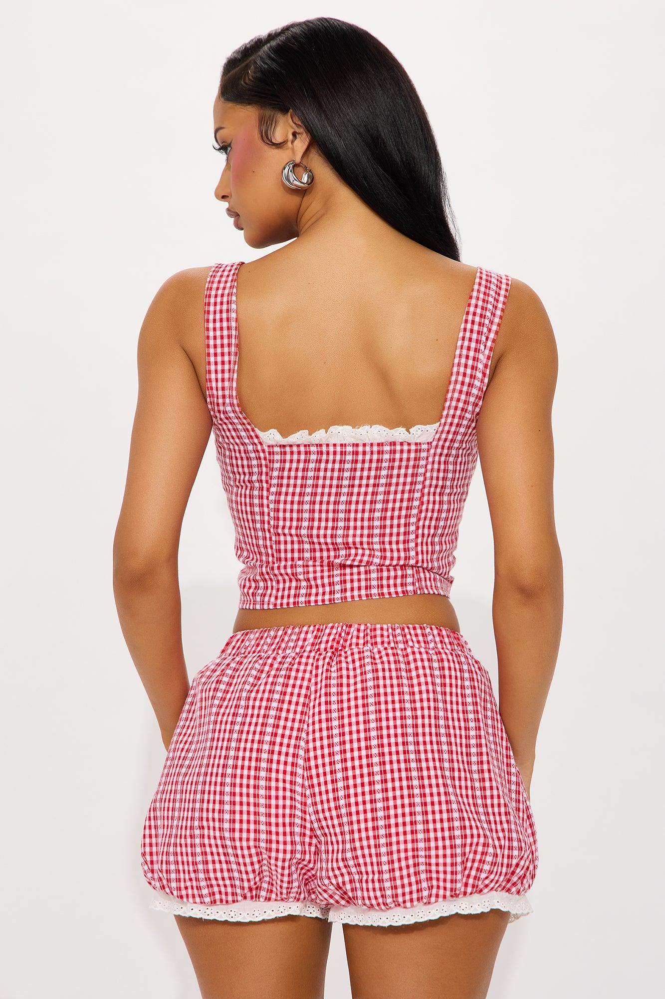 Gia Gingham Bubble Hem Short Set - Red/combo Product Image