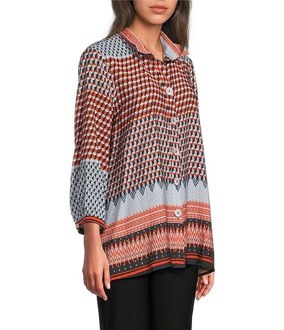 Ali Miles Woven Chevron Geo Print Wire Collar 3/4 Cuff Sleeve Hi-Low Hem Button Front Tunic Product Image