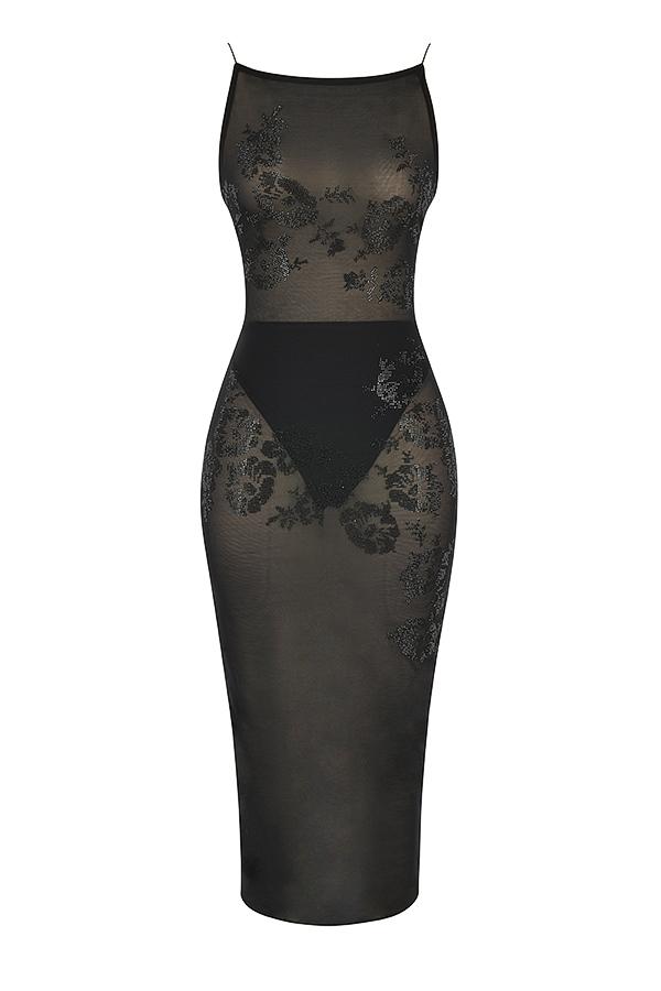 Amirah  black mesh crystal embellished midi dress Product Image