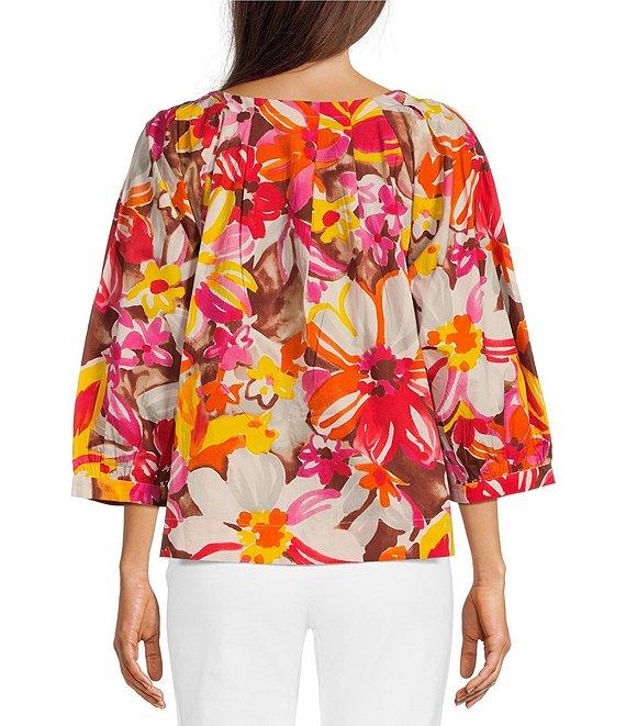 FRANCES VALENTINE Zoe Sun Floral Print Scoop Neck 3/4 Sleeve Blouse Product Image