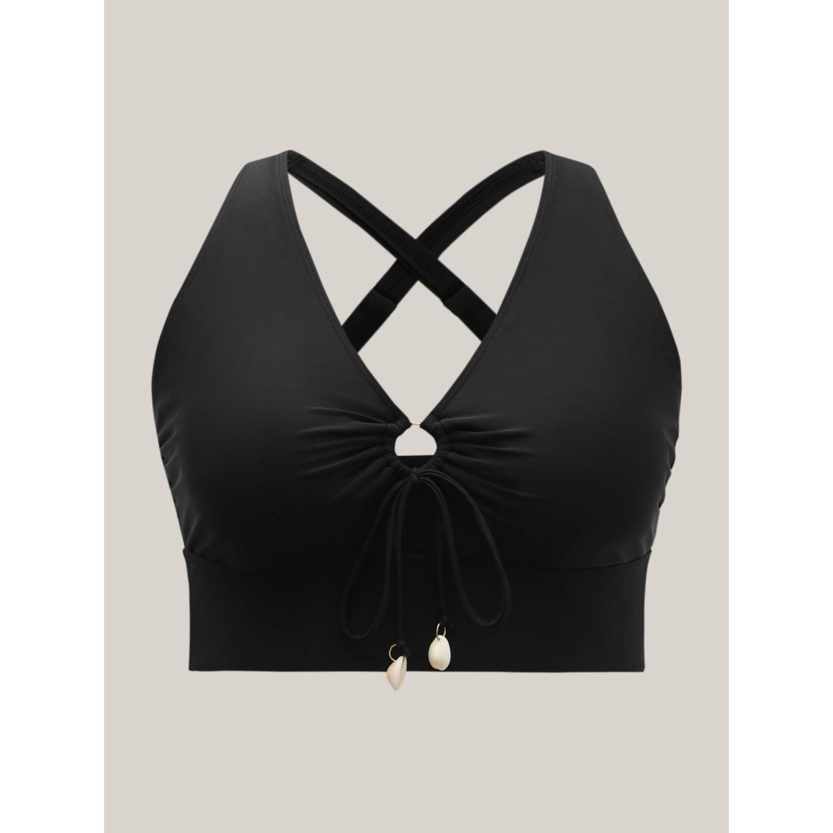 Plus Size Knotted Keyhole Crossstraps Swim Top Women's Swimwear Black Resort Tie knot High stretch Skinny V-neck Curve Swim Tops BloomChic 30/6X Product Image