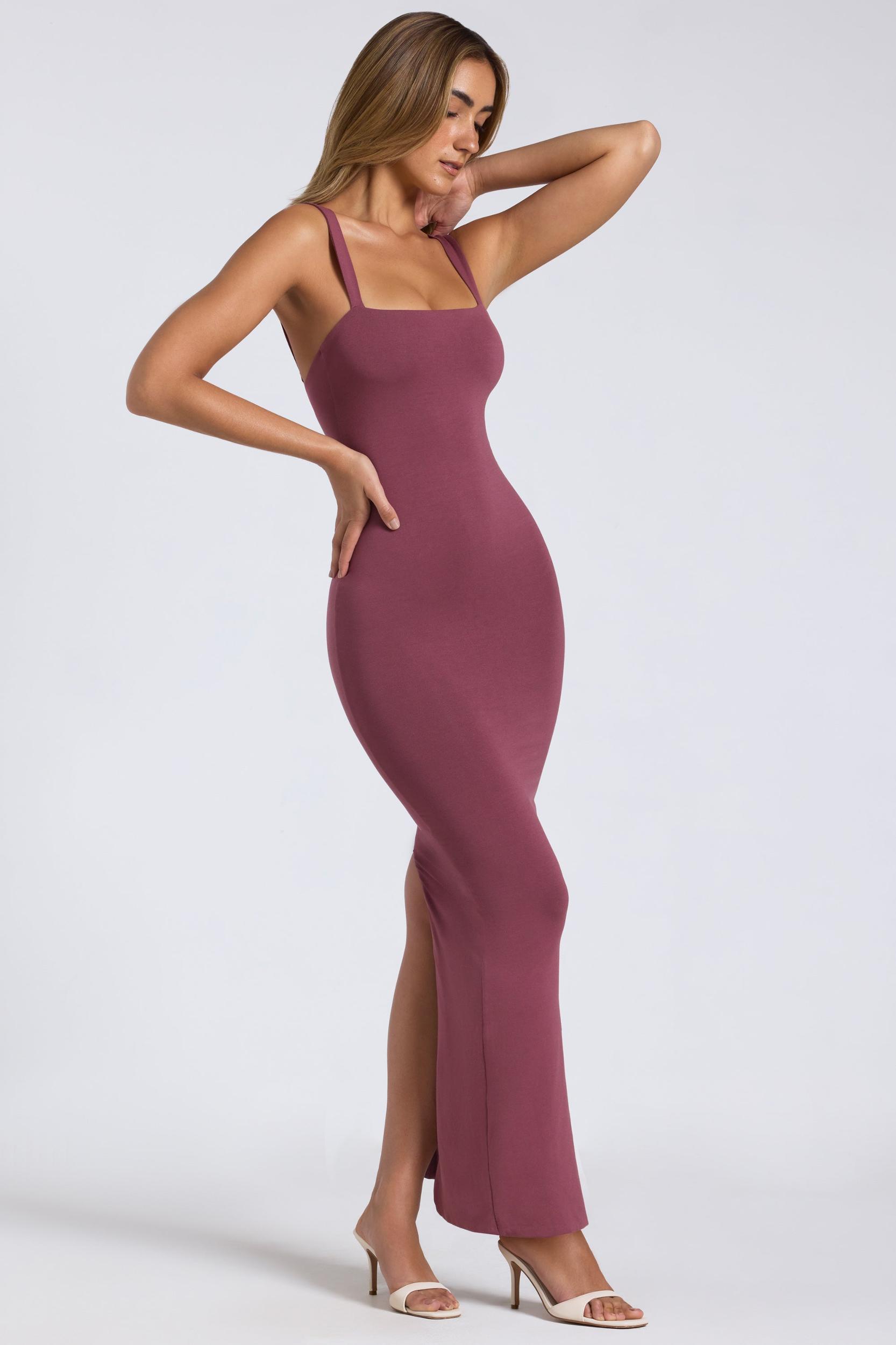 Straight Neck Low Back Maxi Dress in Plum Product Image