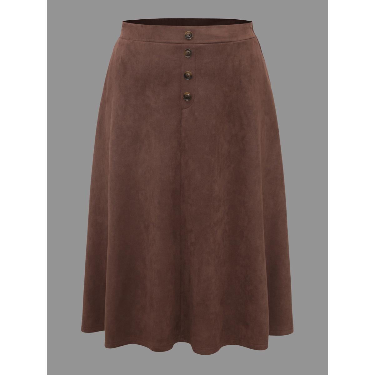 Plus Size Faux Suede Button Detail Pocket Skirt Women DarkBrown Elegant Button Loose Low stretch Slanted pocket Everyday Skirts BloomChic 28/5X Product Image