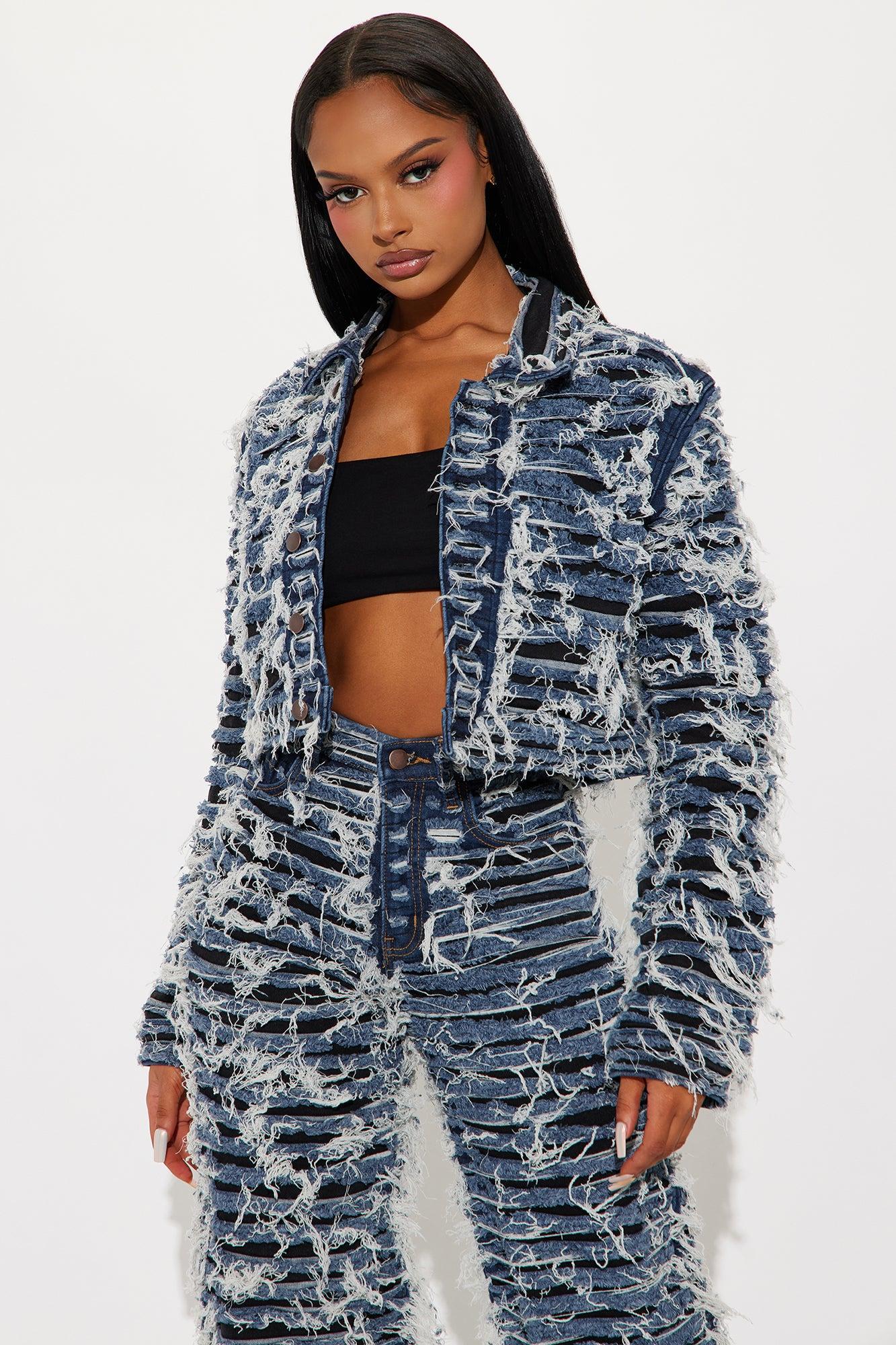 Courtside Shredded Denim Jacket - Dark Wash Product Image