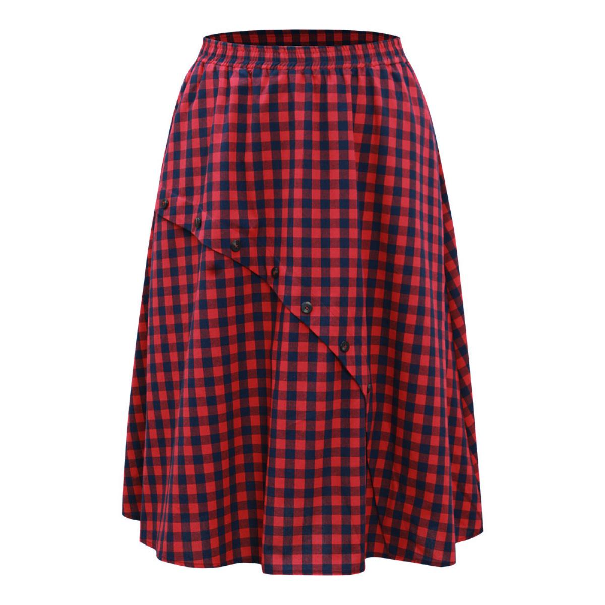 Plus Size Gingham Pocket Elastic Waist Button Detail Skirt Women Scarlet Elegant Elastic Waist Loose No stretch Pocket Festival-Christmas Skirts BloomChic 10/M Product Image