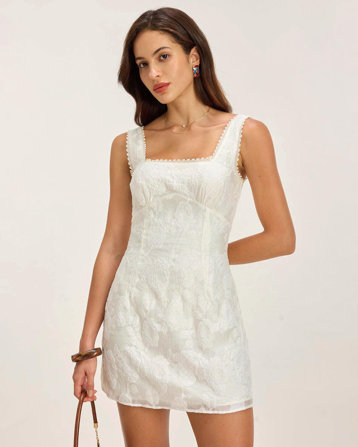 White Textured Square Neck Slip Mini Dress Product Image