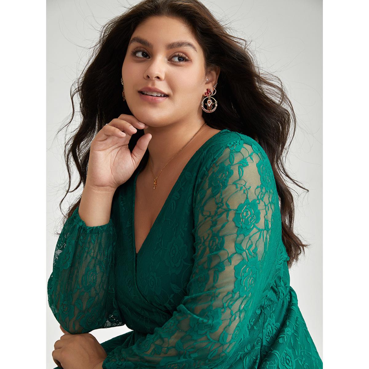 Plus Size Floral Crochet Lace Mesh Overlap Collar Dress Cyan Women Office Elastic cuffs Overlap Collar Long Sleeve Curvy Midi Dress BloomChic 22-24/3X Product Image