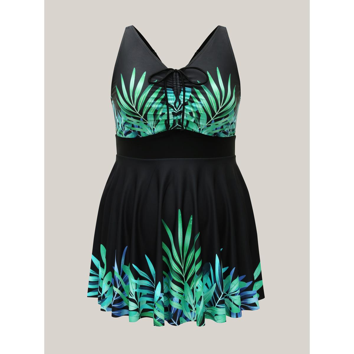 Plus Size Tropical Print Adjusable Drawstring One-Piece Swimsuit Women's Swimwear Black Beach Bodycon U-neck High stretch Curve Swim Dresses BloomChic 12/L Product Image