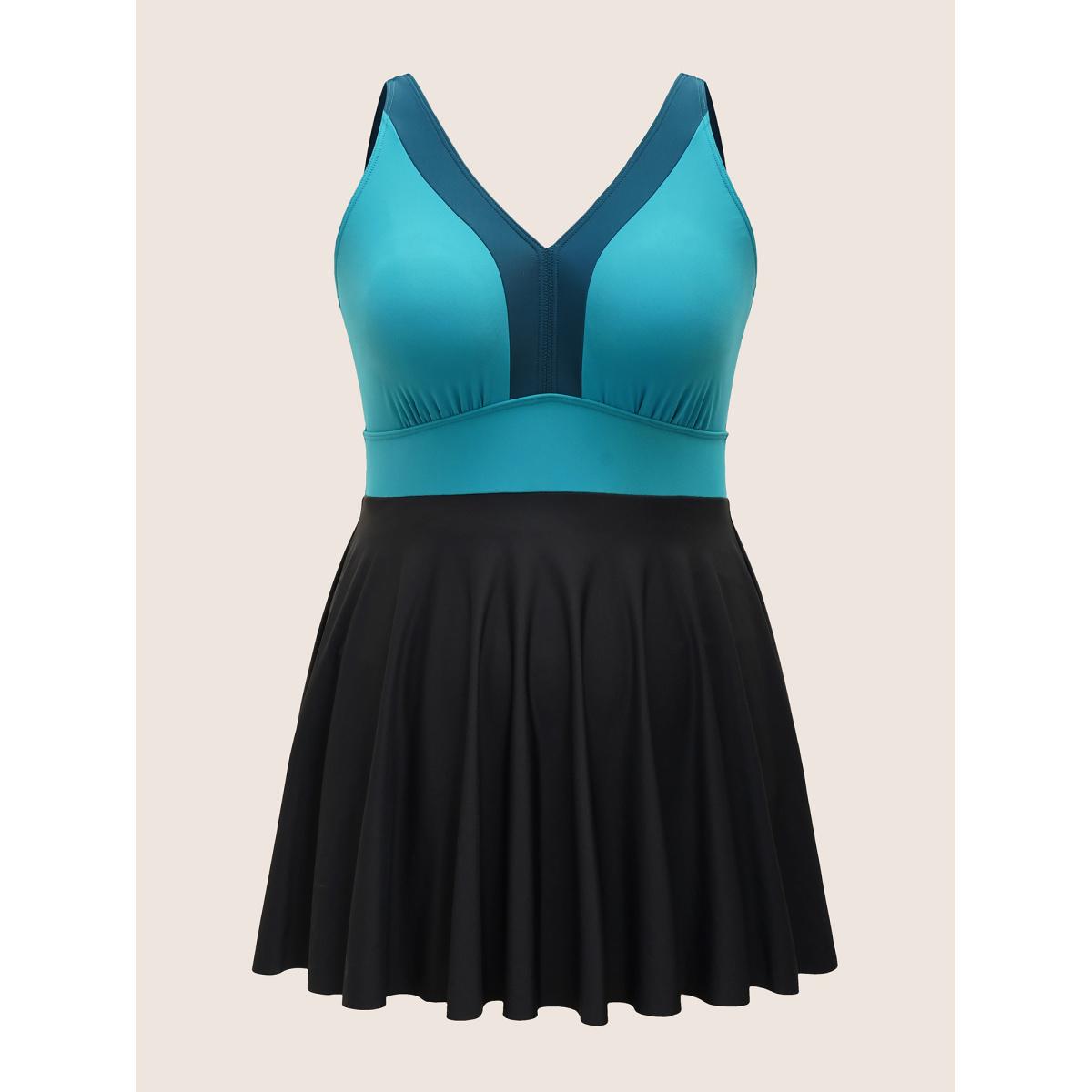 Plus Size V Neck Patchwork Contrast Gathered Swim Dress Women's Swimwear Emerald Beach Bodycon V-neck High stretch Curve Swim Dresses BloomChic 26/4X Product Image