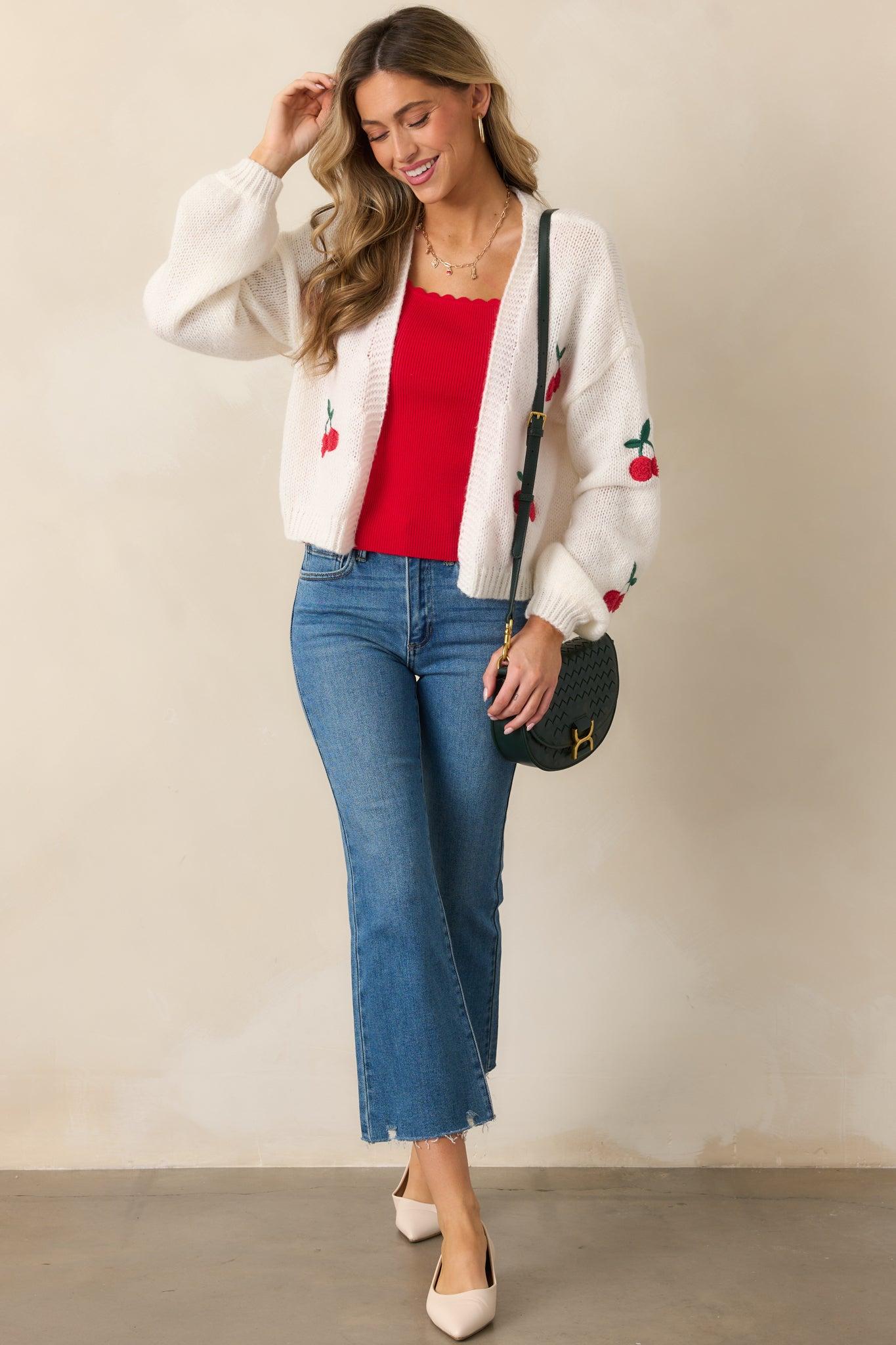 Cherry Trees Ivory Knit Cardigan Product Image