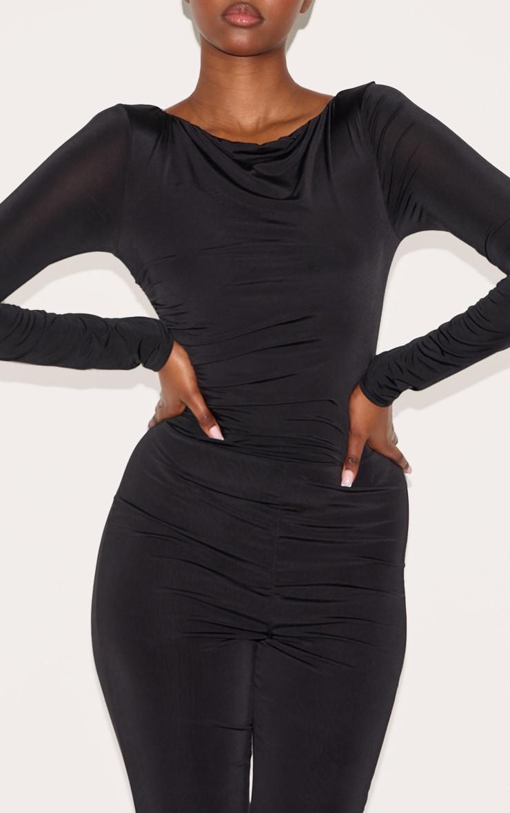 Black Double Layer Slinky Gathered Long Sleeve Wide Leg Jumpsuit Product Image