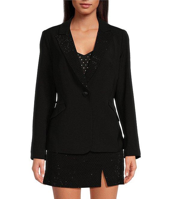 Skies Are Blue Woven Rhinestone Notch Collar Neck Long Sleeve Button Front Blazer Product Image