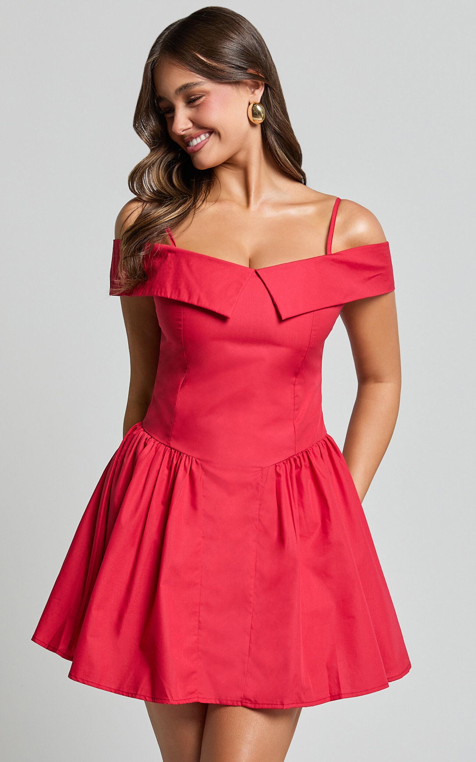 Bea Mini Dress - Off the Shoulder Fit and Flare Dress in Red Product Image