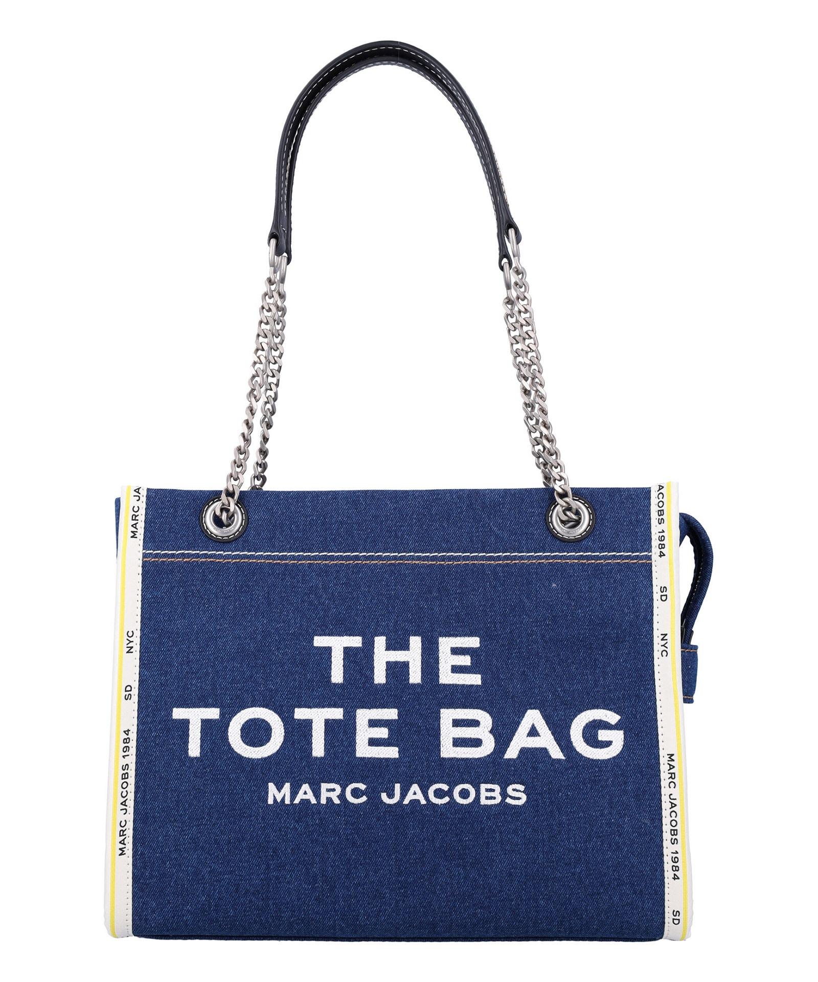 MARC JACOBS The Medium Tote In Blue Denim With Embroidered Logo In Dark Wash Product Image