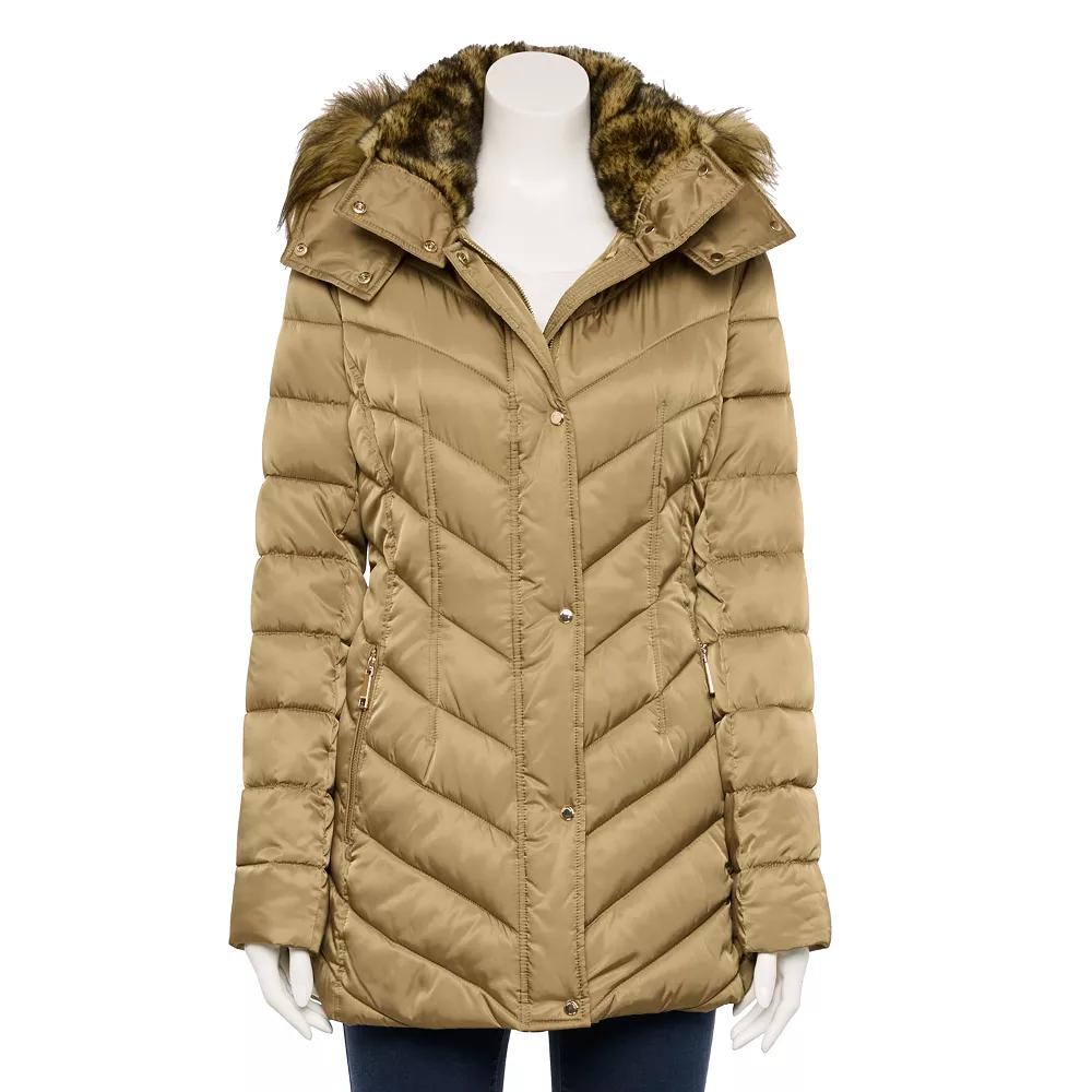 Women's Nine West Faux-Fur Hood Puffer Jacket, Size: XXL, Beige Khaki Product Image