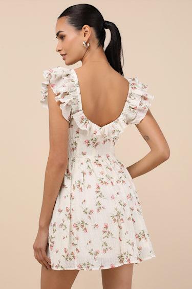 Velia White Floral Textured Flutter Sleeve Mini Dress Product Image
