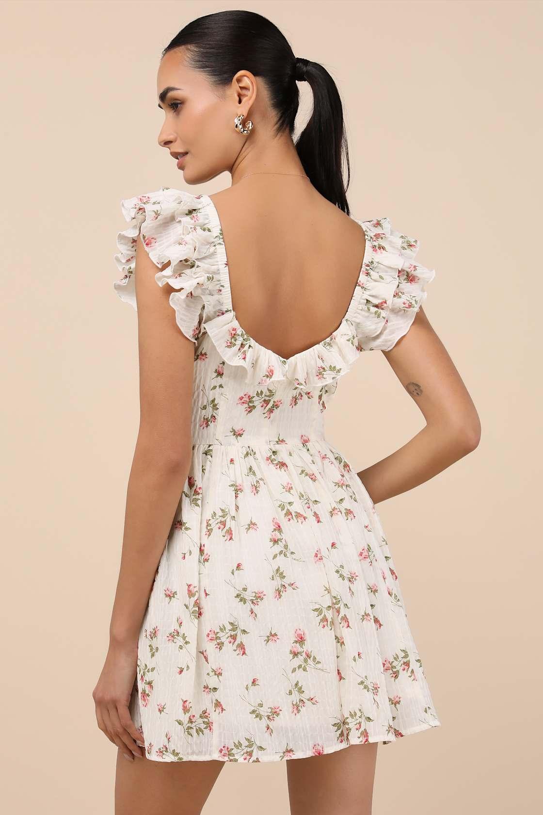 Velia White Floral Textured Flutter Sleeve Mini Dress Product Image