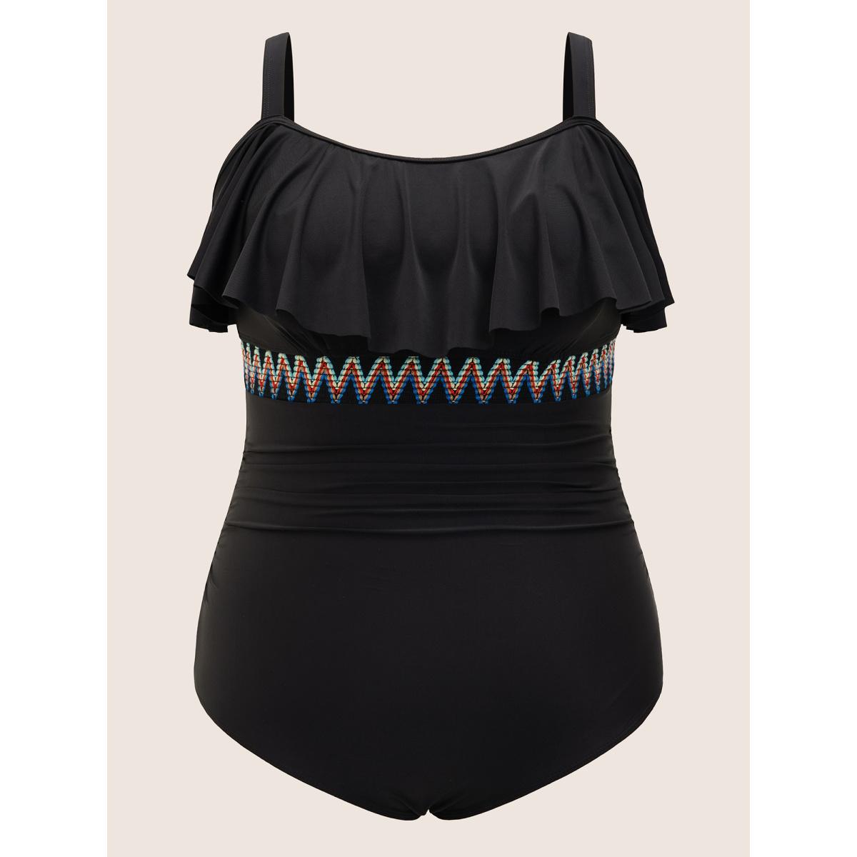 Plus Size Woven Ribbon Gathered Ruffle Trim One Piece Swimsuit Women's Swimwear Black Beach Woven ribbon&lace trim Curve Bathing Suits High stretch One Pieces BloomChic 22-24/3X Product Image