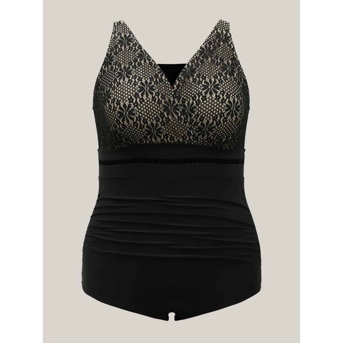 Plus Size Ribbon Lace Trim One-Piece Swimsuit Women's Swimwear Black Resort Gathered Curve Bathing Suits High stretch One Pieces BloomChic 14-16/1X Product Image