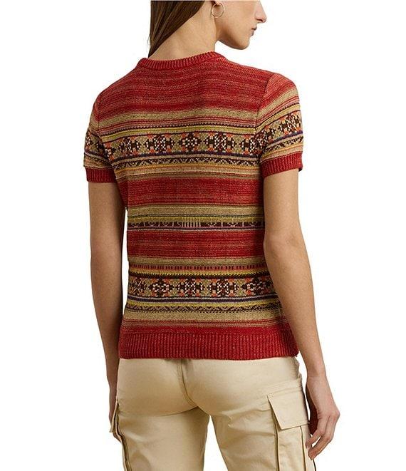 Lauren Ralph Lauren Petite Size Geometric Stripe Ribbed Crew Neck Short Sleeve Pullover Sweater Product Image