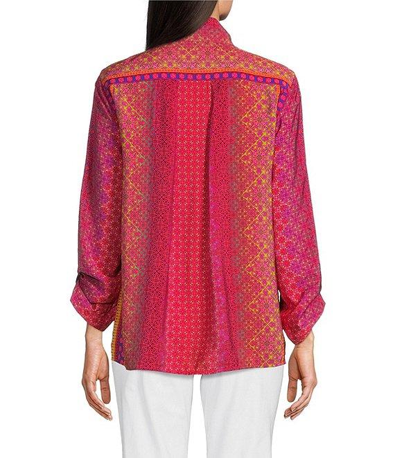 Ali Miles Woven Printed Wire Neck 3/4 Roll-Tab Sleeve Button Front Tunic Product Image