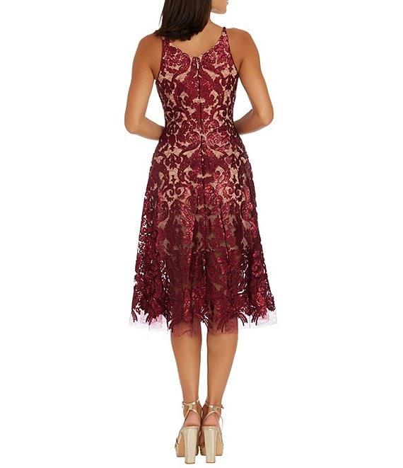 Dress the Population Blair Sequin Embroidered Mesh V-Neck Sleeveless A-Line Midi Dress Product Image