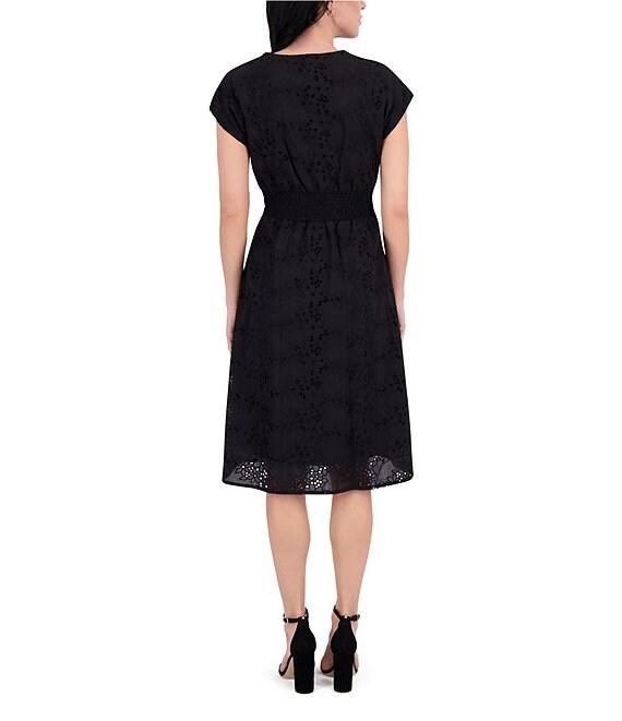 Kensie Solid Embroidered Lace V-Neck Cap Sleeve Belted A-Line Dress Product Image