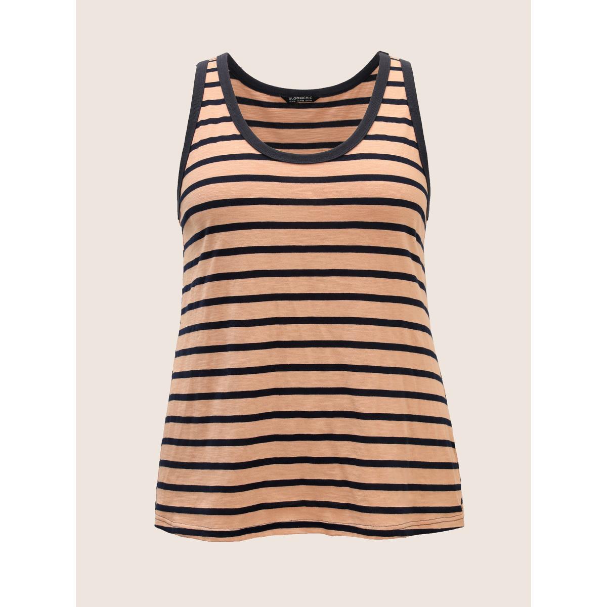 Plus Size Cotton Striped U Neck Contrast Trim Tank Top Women Lightorange Casual Contrast U-neck Everyday Tank Tops Camis BloomChic 14-16/1X Product Image