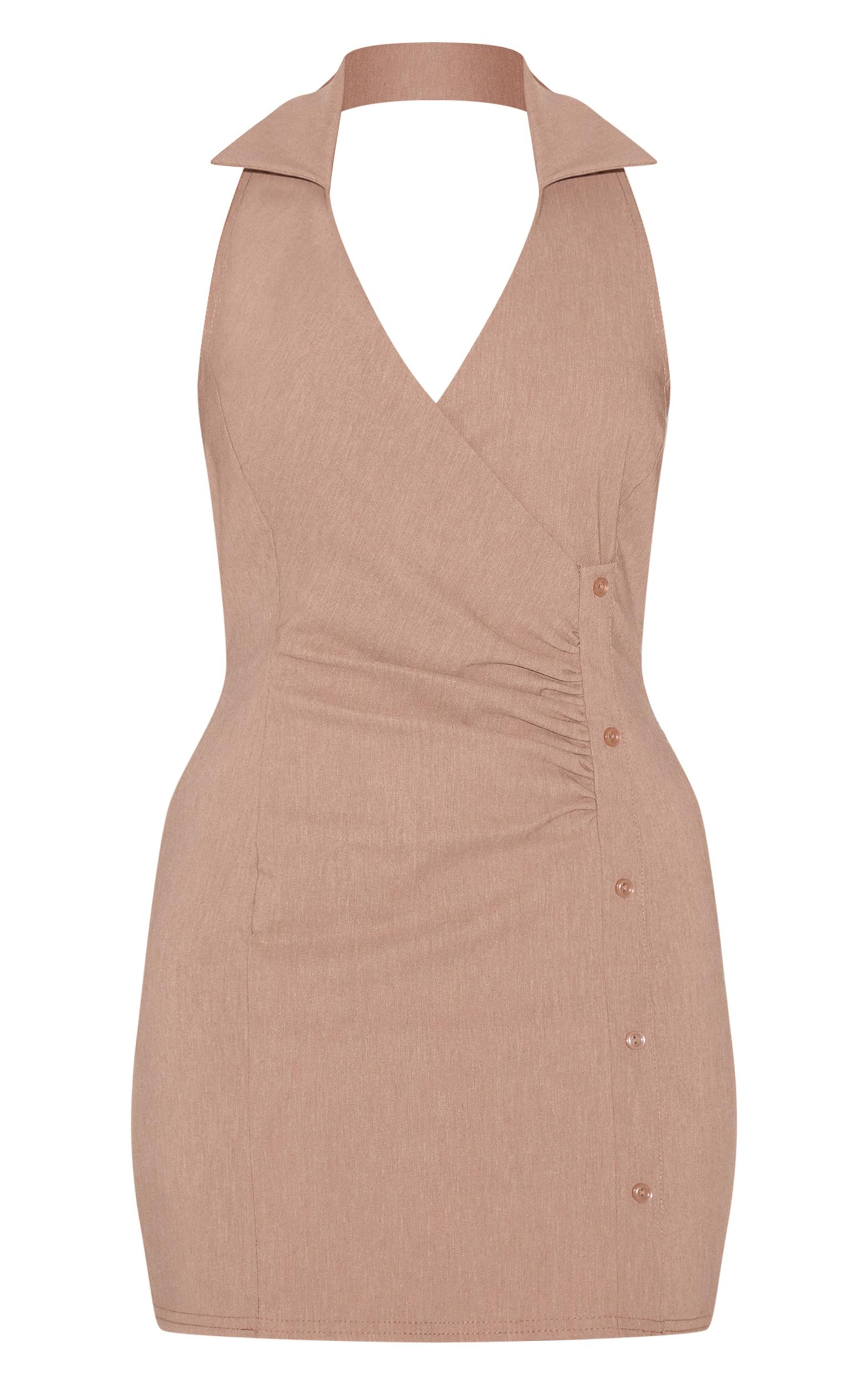 Taupe Asymmetric Button Down Collar Detail Bodycon Dress Product Image