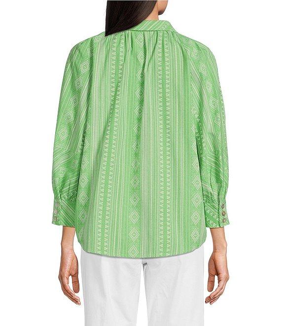 Tru Luxe Jeans Jacquard Tonal Floral Striped Point Collar 3/4 Puff Sleeve Button Front Shirt Product Image