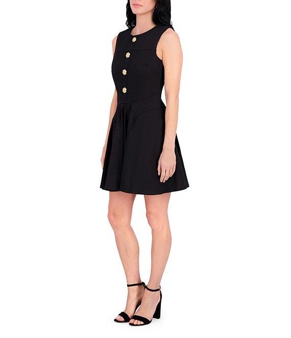 Kensie Round Neck Sleeveless Floral Hardware Stretch Denim A-Line Mini Dress Product Image