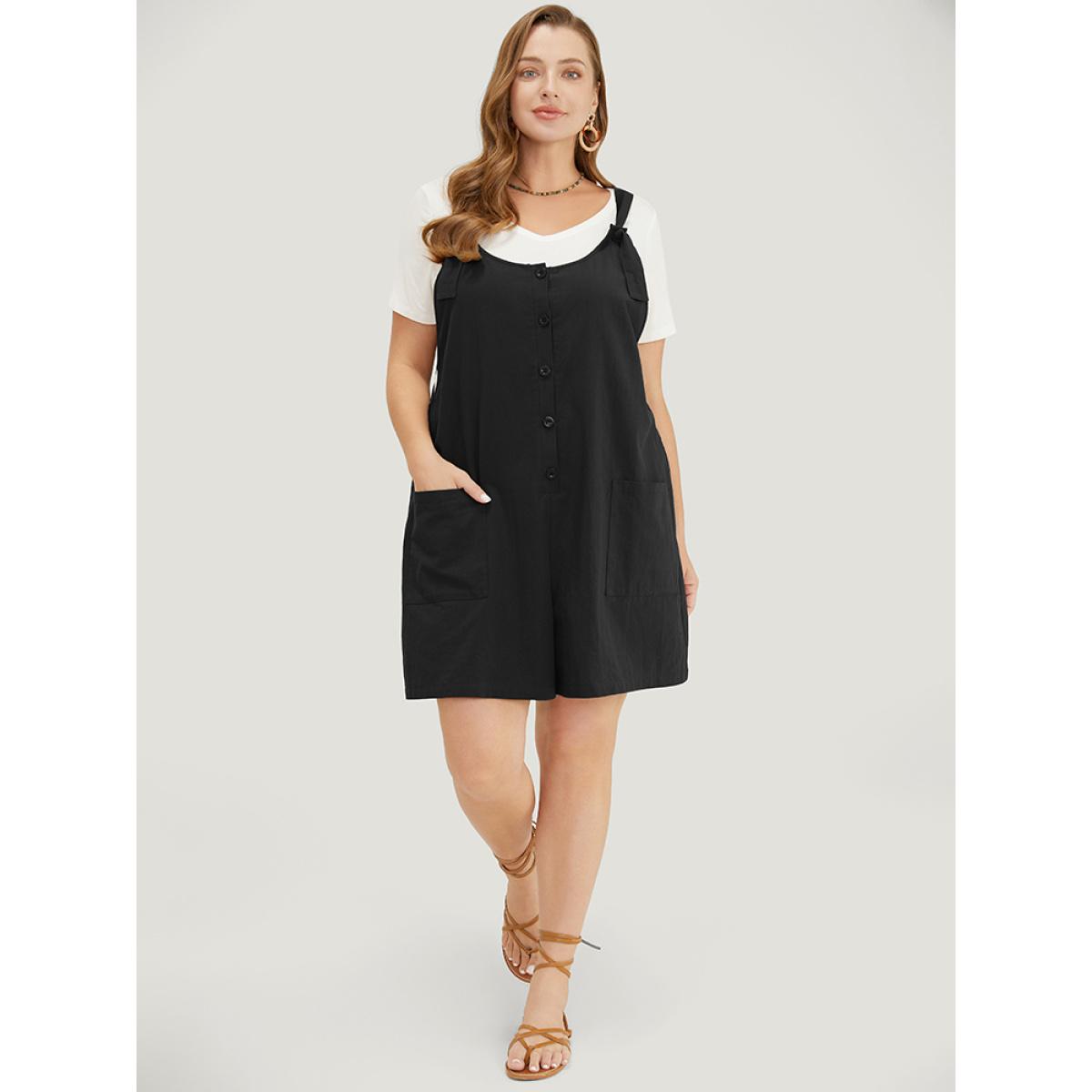 Plus Size Black Solid Pocket Button Detail Knot Shoulder Overall Romper Women Casual Sleeveless Tie Neck Dailywear Loose Jumpsuits BloomChic 22-24/3X Product Image