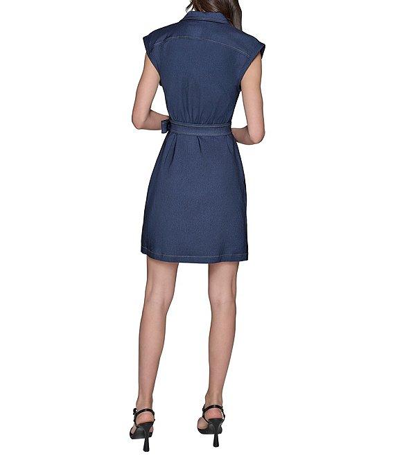 KARL LAGERFELD PARIS Stretch Denim Johnny Collar Cap Sleeve Belted Button Front Shirt Dress Product Image