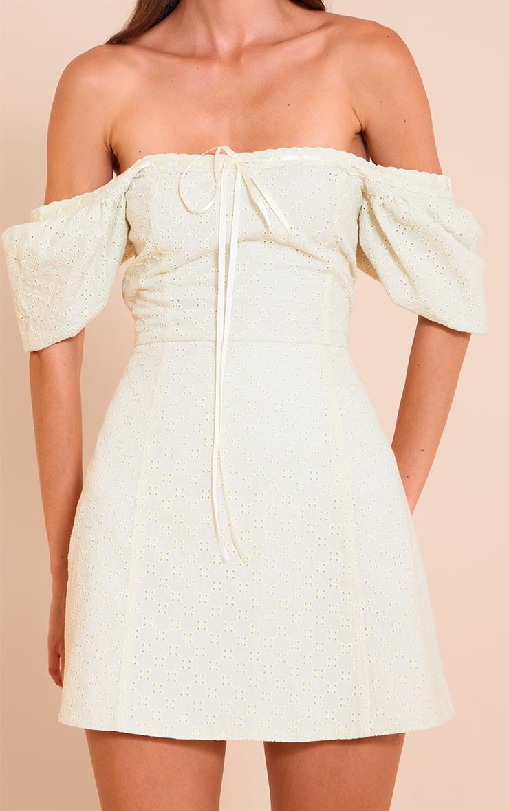 Cream Broderie Puff Sleeve A-line Mini Dress Product Image