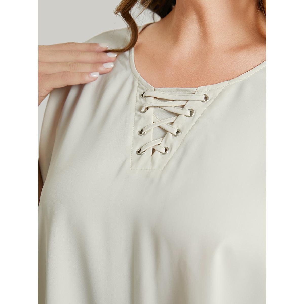 Plus Size Ivory Solid Ruffle Sleeve Crisscross Neck Blouse Women Office Short sleeve Round Neck Work Blouses BloomChic 30/6X Product Image