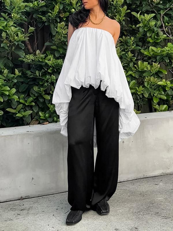 High-Low Sleeveless Elasticity Pleated Solid Color Split-Joint Tube Blouses&Shirts Tops Product Image