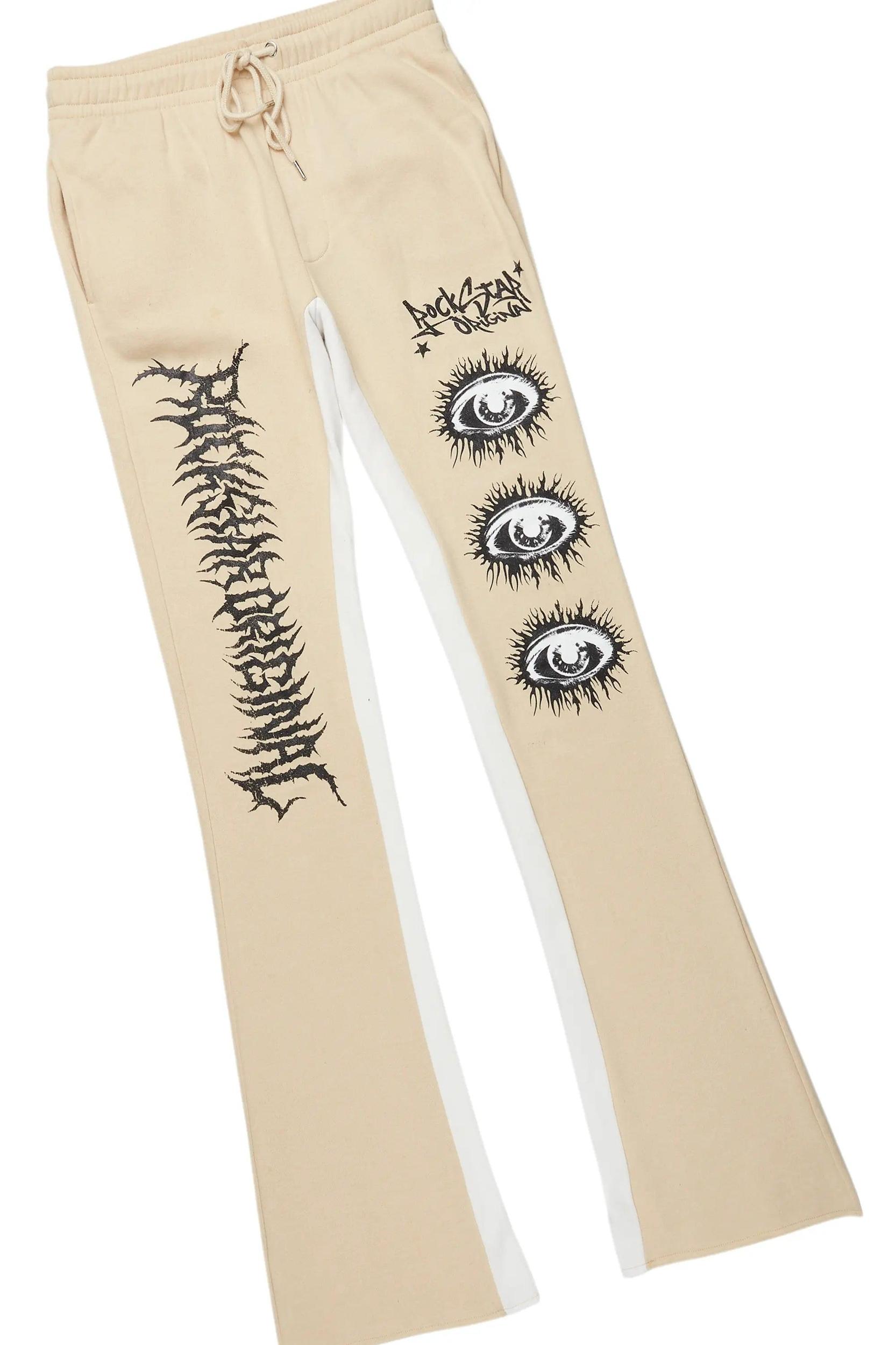 All Seeing Eyes White/Beige Long Sleeve T-Shirt/Baggy Pant Set Male Product Image