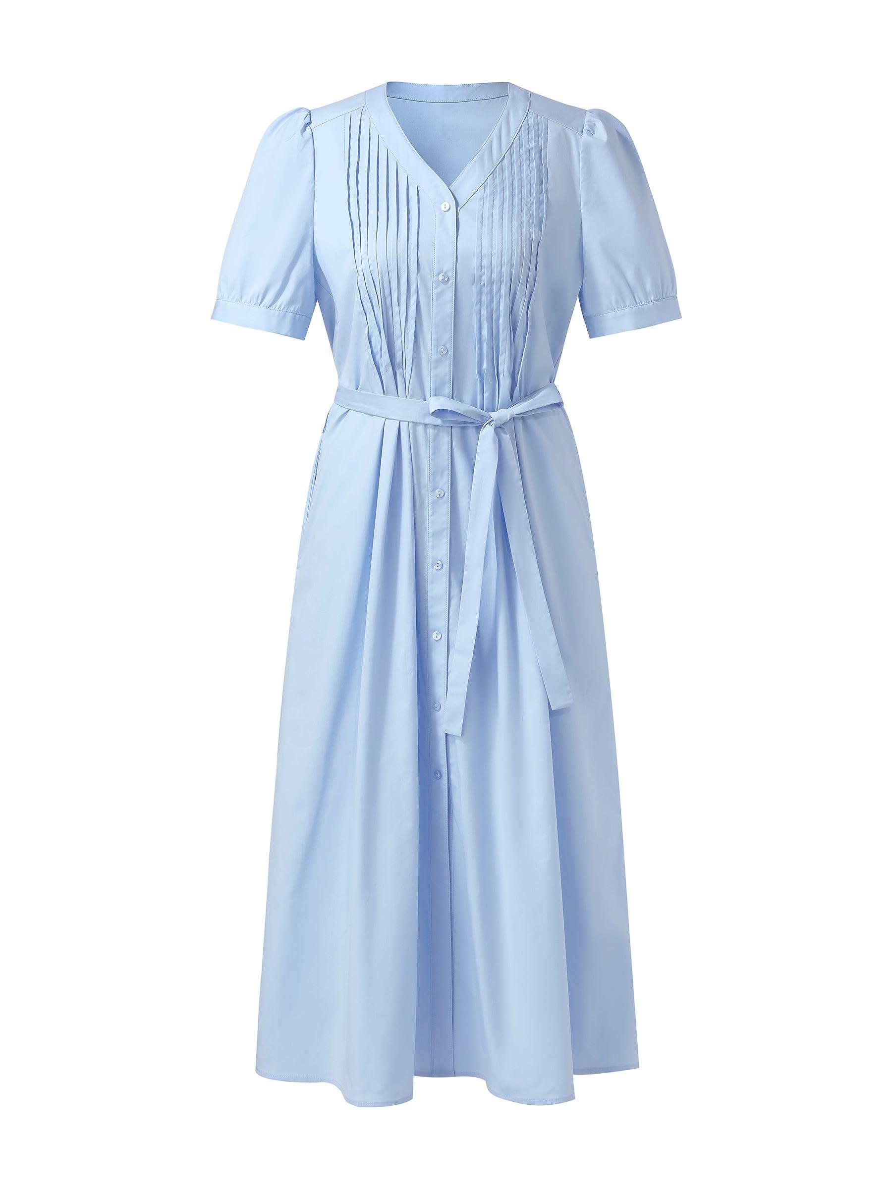 V-Neck Pleat Front Women A-Line Tie Belt Midi Dress Product Image
