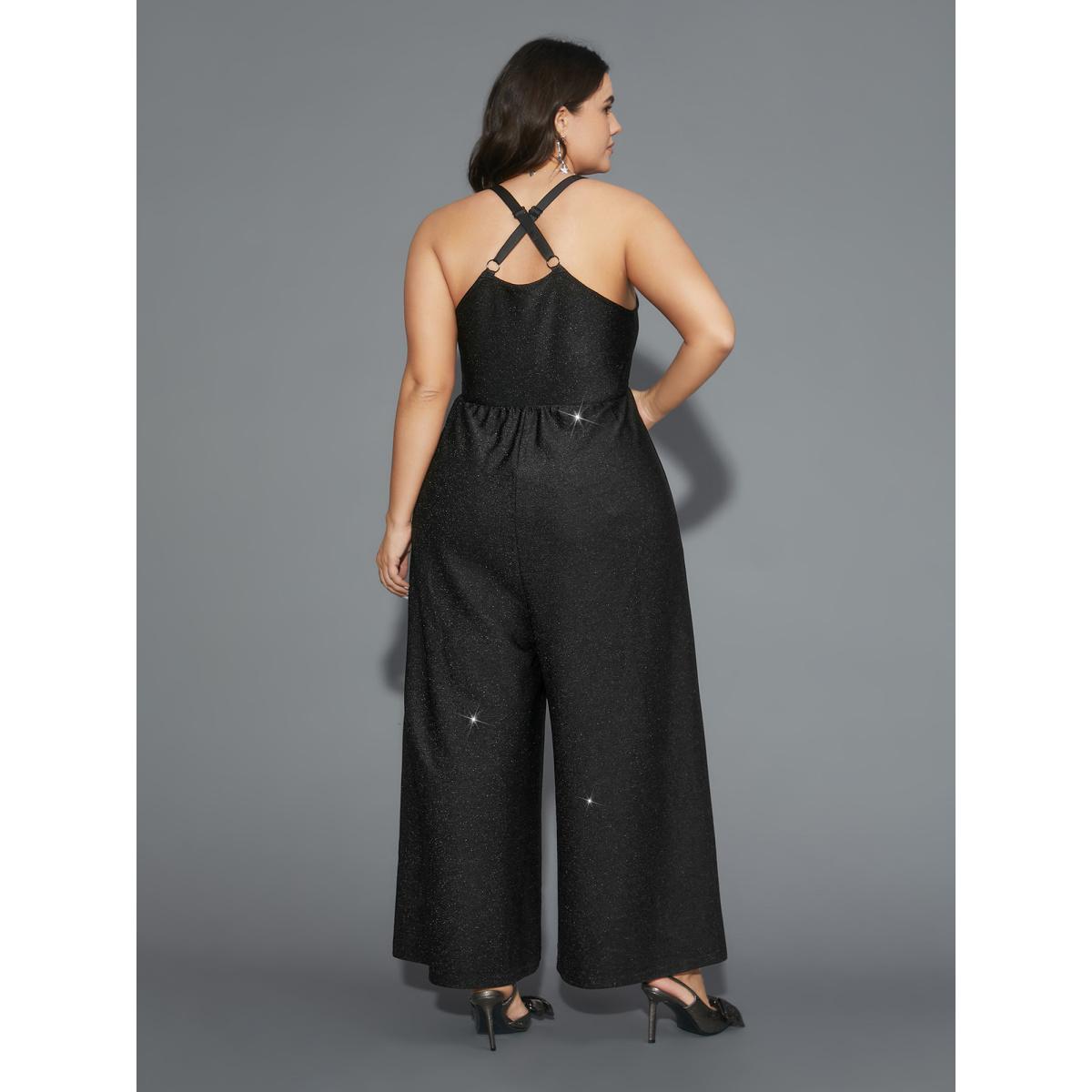 Plus Size Black Cross Back Straps Cowl Neck Jumpsuit Women Cocktail Sleeveless Cowl Neck Party Loose Jumpsuits BloomChic 26/4X Product Image