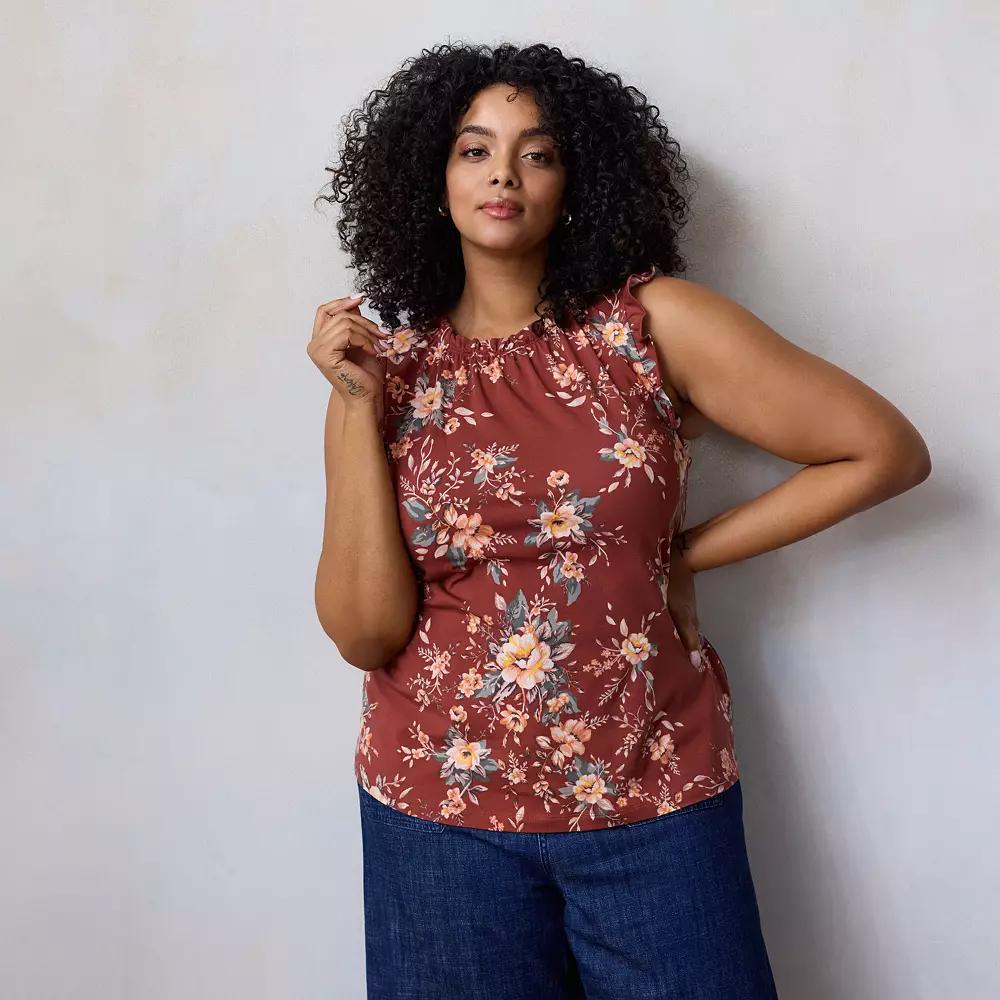 Plus Size LC Lauren Conrad Lace Ruffle Sleeve Crewneck Tank Top, Women's, Size: 1XL, Red Genevieve Garden Product Image