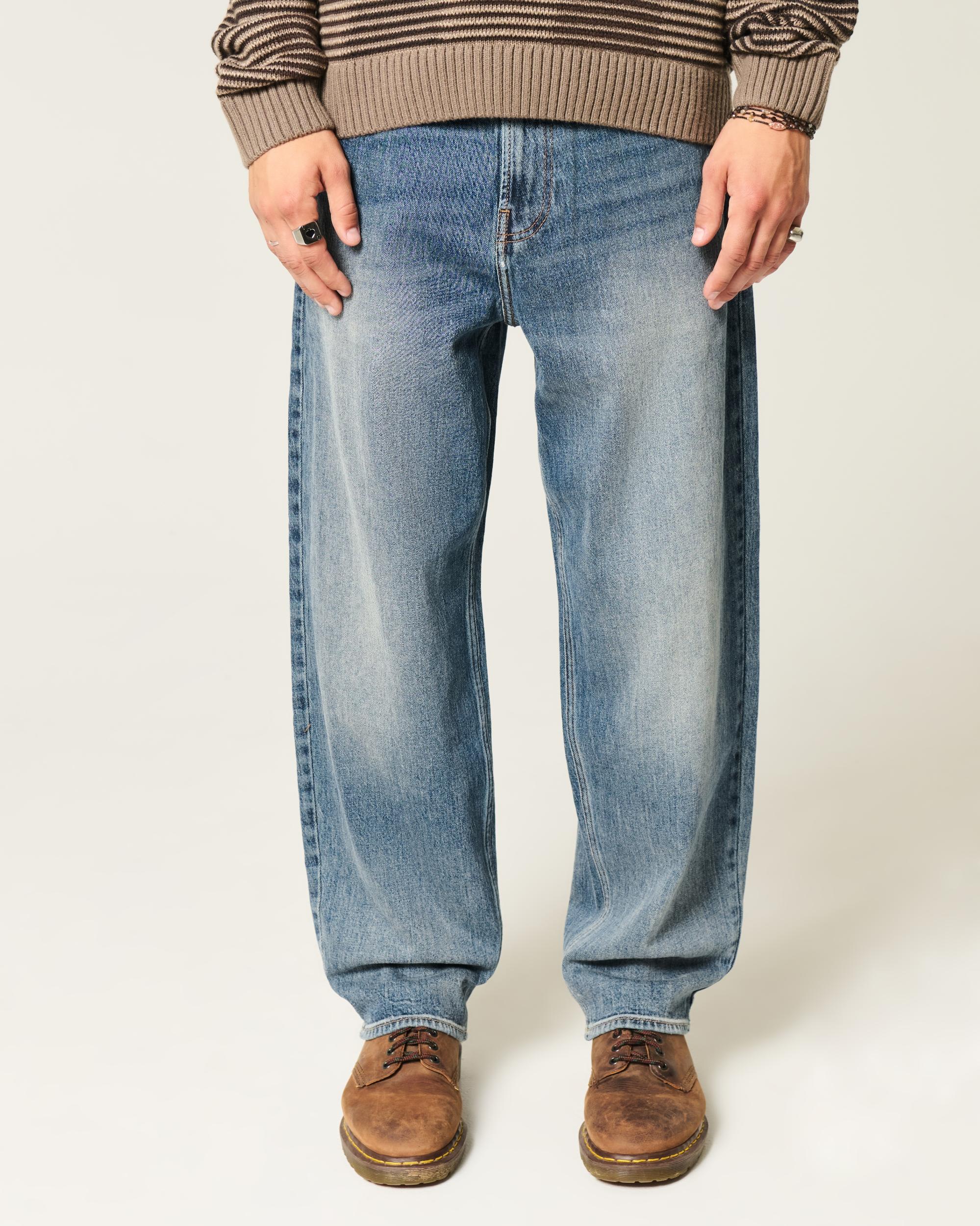 Dark Wash Embroidered Skater Baggy Jeans Product Image