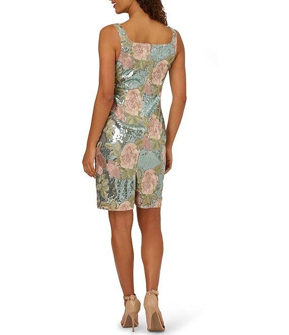 Adrianna Papell Sequin Embroidery Floral Print Square Neck Sleeveless Sheath Dress Product Image
